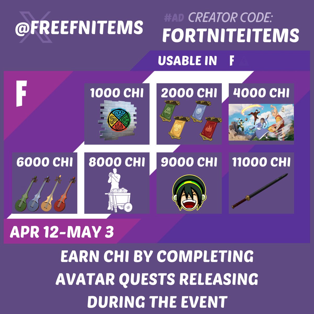 □ Pickaxe, Emote, Emoticon, Loading Screen, Spray, Backbling (+4 Styles), Guitar (+4 Styles) Earn Chi by completing any quest in the Elements quest tab releasing during the event □ Apr 12-May 3 #Fortnite #FortniteChapter5Season2