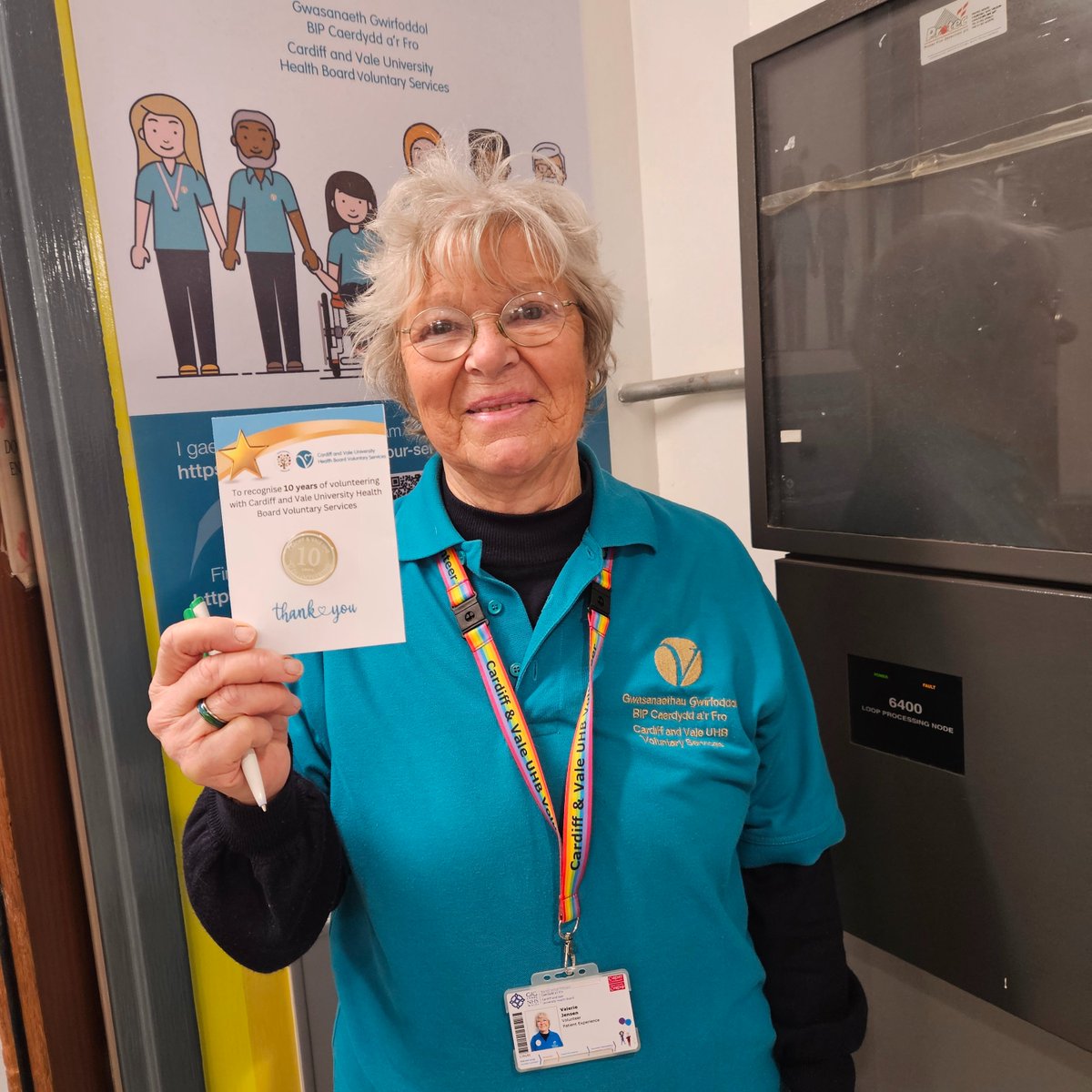 ✨A big thanks to Val who has been volunteering with us for 10 years🙌! She is currently part of the Welcome Team at UHW, who provide a friendly welcome to all patients, carers, visitors and staff visiting our hospitals🙂.