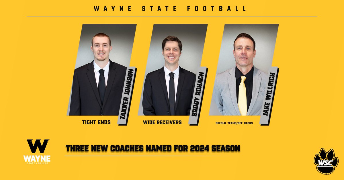 .@WayneStFootball announces three new coaches for 2024 season. #PlayforthePaw wscwildcats.com/news/2024/4/12…