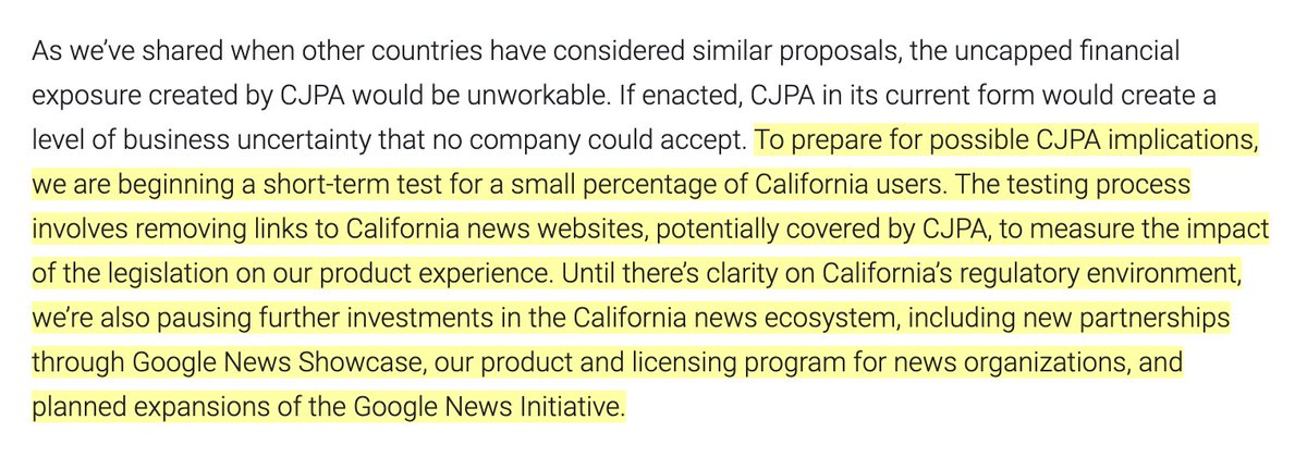 Unfortunately, California's news link tax (CJPA) is still alive - despite the disastrous results of Canada's link tax.

Google rolling out a test this morning of life under CJPA, with removed links to CA news sites.  

Also pausing investments in CA news.

blog.google/products/news/…