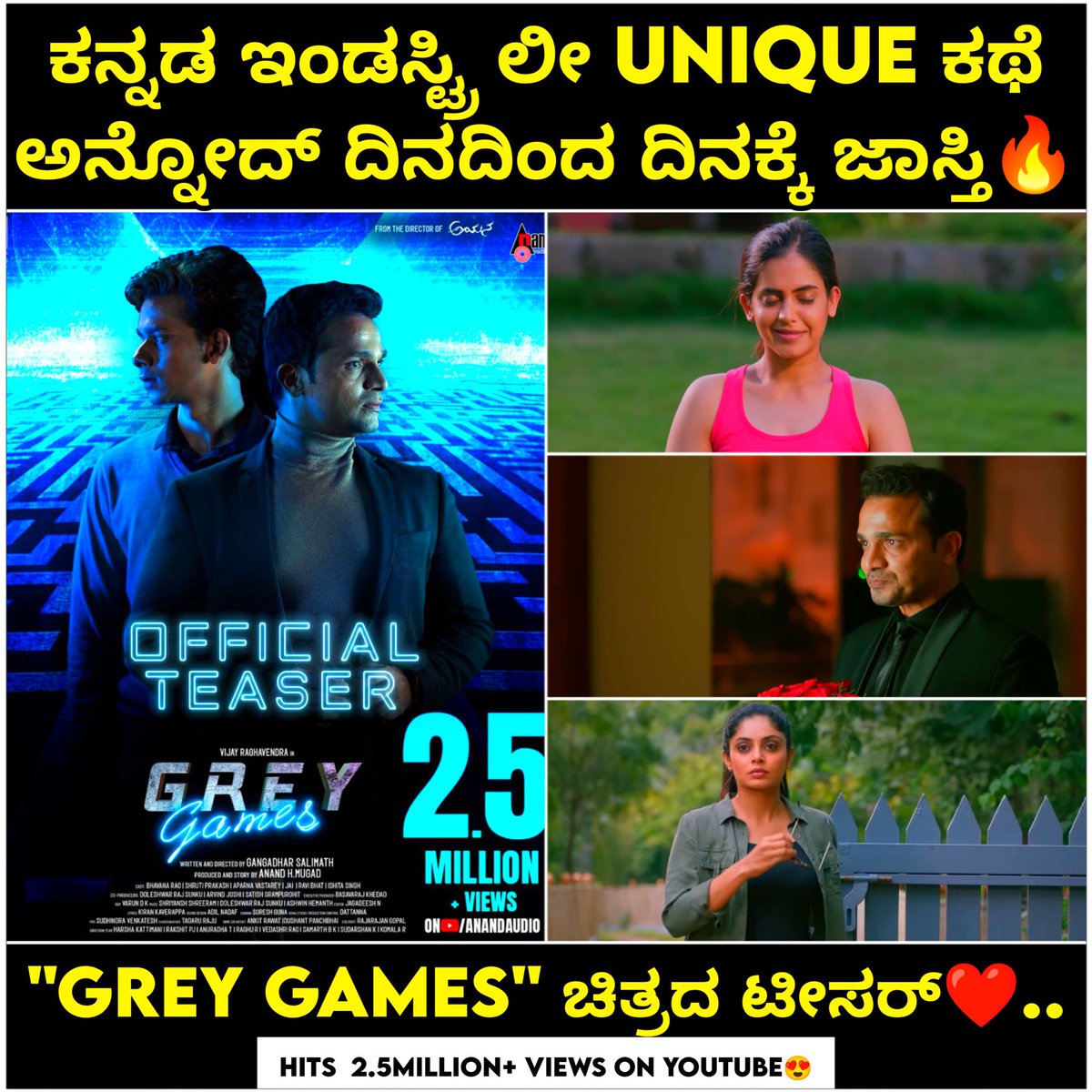 Starring #VijayRaghavendra's Grey Games Teaser Crossed a Whooping 2.5 MN+ Views
#GreyGamesTeaser
youtu.be/PI4EhMMCidw

Movie: #ಗ್ರೇಗೇಮ್ಸ್ #GreyGames 
Music On: #AnandAudio 
Banner: #DeesFilms 
Producer: #AnandHMugad 
 #AshwinHemanth
Starring: #VijayRaghavendra #ShrutiPrakash