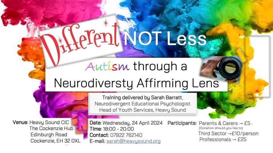 Different not less ❤️ Autism through a neurodiversity affirming lens. Training session at Cockenzie Hub on 24 April. Please come along and RT. If the date doesn’t suit we can come to you - please DM for further information 🙏❤️ #EastLothian ⁦@brown_elc⁩ ⁦@elcourier⁩