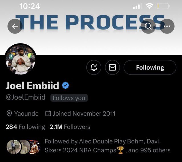 Bir Philadelphia sayfası bu paylaşımı yapıyor ardından Joel Embiid bu sayfayı takibe alıyor. 

Let’s Get It @JoelEmbiid 🔥🔥🔥

2024 Nba şampiyonluğu yükleniyor…⏳

“Trust The Process”