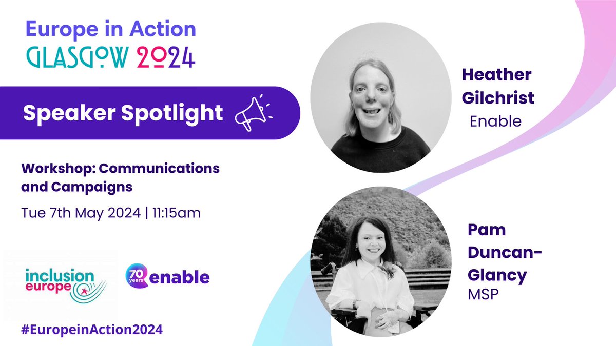 📢Speaker Spotlight!📢 As part of our spotlights on the Who's Who at #EuropeinAction2024, we are thrilled to have Enable Ambassador @Heather_Enable, together with @GlasgowPam, to present on Comms & Campaigns. Book today to put #equality into practise: 🔗bit.ly/3PyzMV1