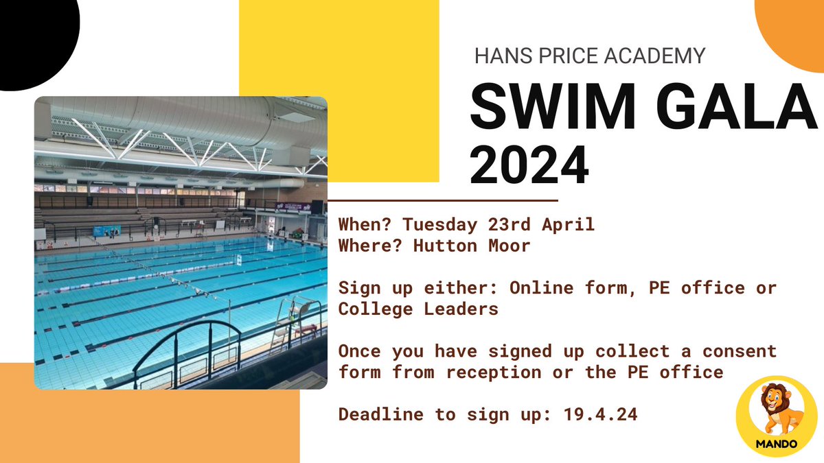 HPA_Mando's tweet photo. Mando 🦁 - We need you 🫵
Sign up to this years Swim Gala and be part of an amazing experience at HPA! 
Check your emails, Mrs Daw has sent you the online sign up form📲💻
We are going for 🥇 this year and every student sign up will help 🏊 
#LetsGoMando 🟡 https://t.co/dgCOlLl7I8