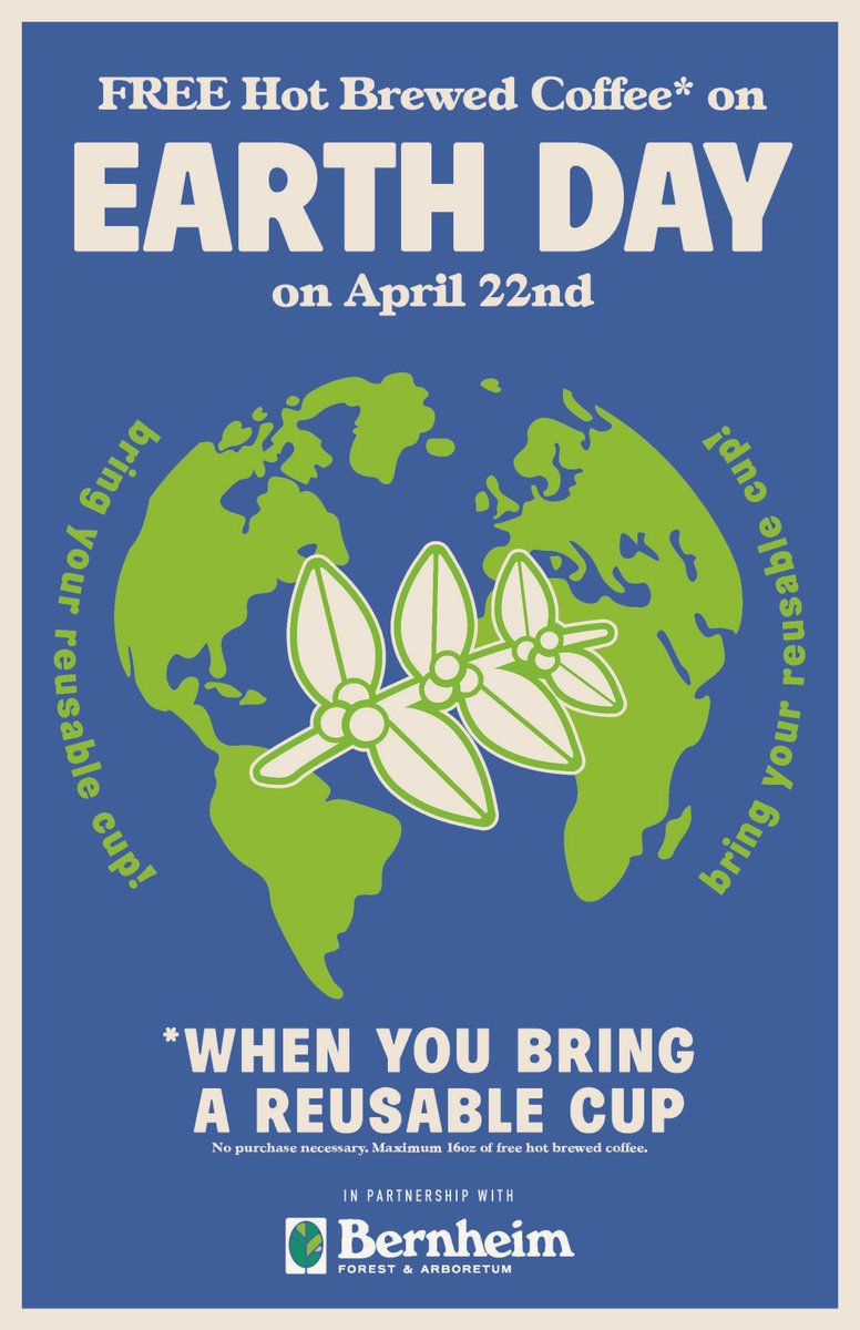 BernheimForest's tweet photo. We're excited to partner with @heinebroscoffee this Earth Day! Visit any Heine location on April 22nd with your reusable mug to get a free hot coffee. Customers using a reusable cup will also receive an 'I Supported Earth Day' sticker as a token of appreciation.  #BrewtifulPlanet https://t.co/wo5W0cWfmS