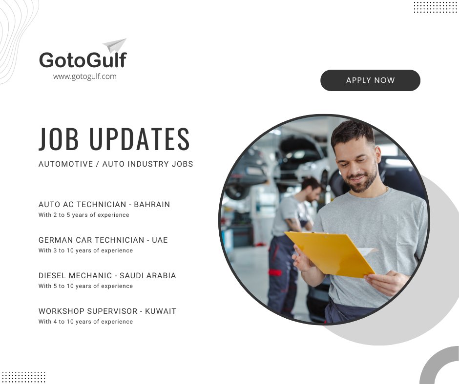 Click on the below link to apply for the job vacancies,
gotogulf.com/PublicSearchVi…

#gotogulf #jobs #middleeast #jobseeker #recruitment #auto #automotive #automobile #ac #technician #german #car #diesel #mechanic #workshop #supervisor #kuwait #bahrain #saudiarabia #uae