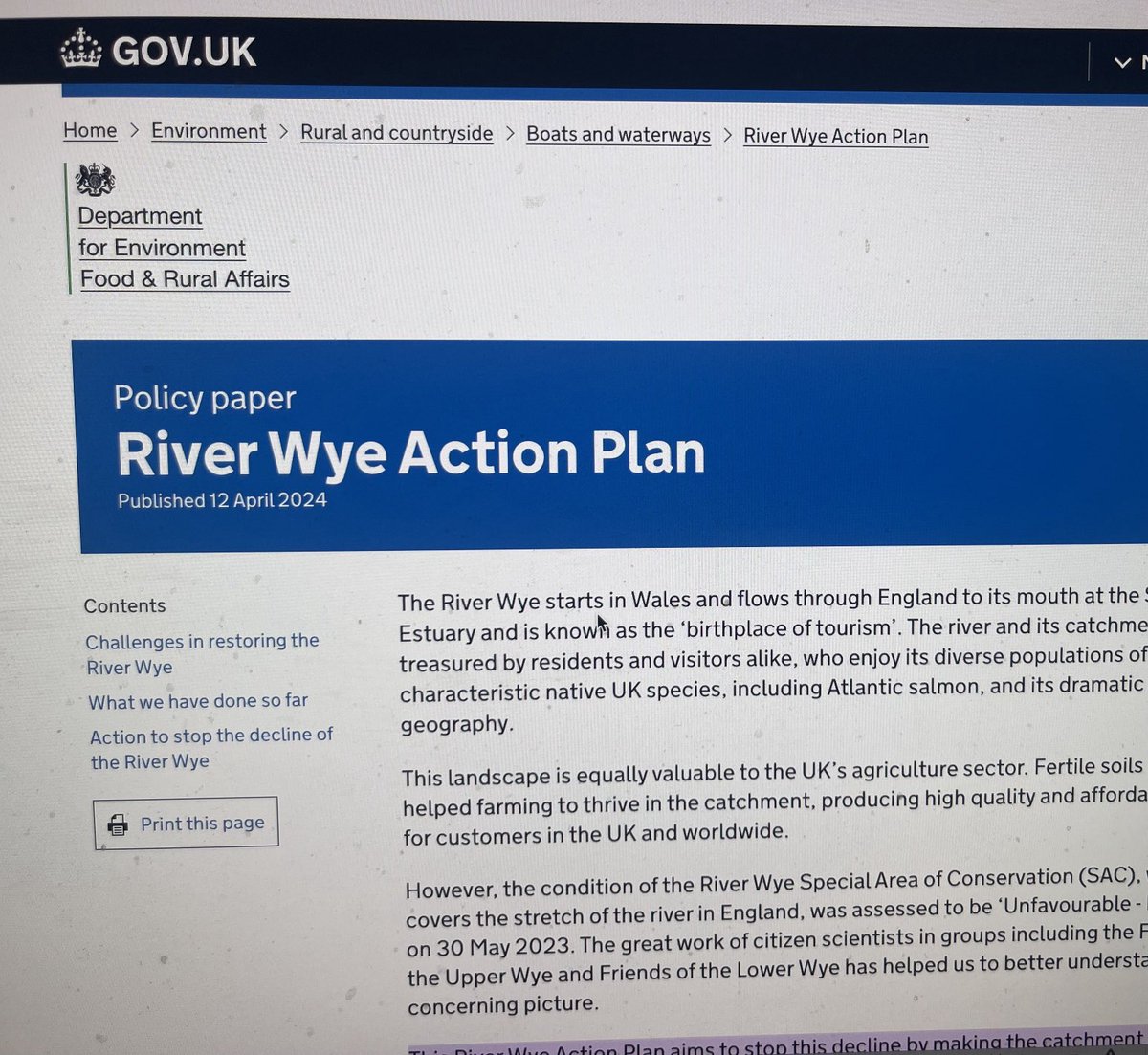So the long overdue Wye Plan is out Finally full acknowledgment of the role intensive agri has played in trashing the river But one of the main recommendations of the plan is to…create a plan And many actions are vague or “subject to consultation” I fear we have been here before