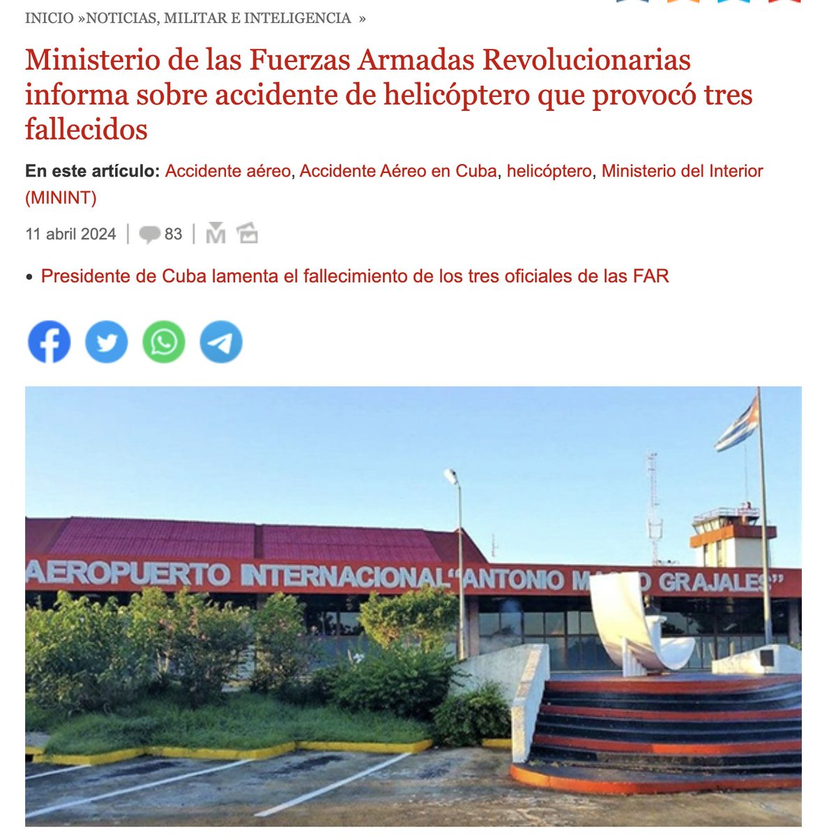 ❗️🇨🇺 Las autoridades cubanas investigan las condiciones en las que 3 miembros de las Fuerzas Armadas Revolucionarias murieron este jueves cuando el helicóptero en el que volaban se estrelló en el aeropuerto internacional Antonio Maceo de la provincia de Santiago de Cuba. La nave…
