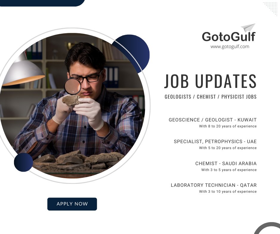 Click on the below link to apply for the job vacancies,
gotogulf.com/PublicSearchVi…

#gotogulf #jobs #middleeast #jobseeker #recruitment #geologist #chemist #physicist #geoscience #specialist #petrophysics #laboratory #technician #qatar #uae #unitedarabemirates #saudiarabia #kuwait