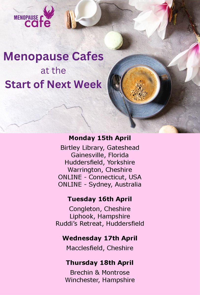 Menopause Cafes at the start of next week. Further information, how to book, timings and future cafes can be found here: menopausecafe.net/events-calenda… #menopause #perimenopause #womenshealth #WorldHealthOrganizationWHO