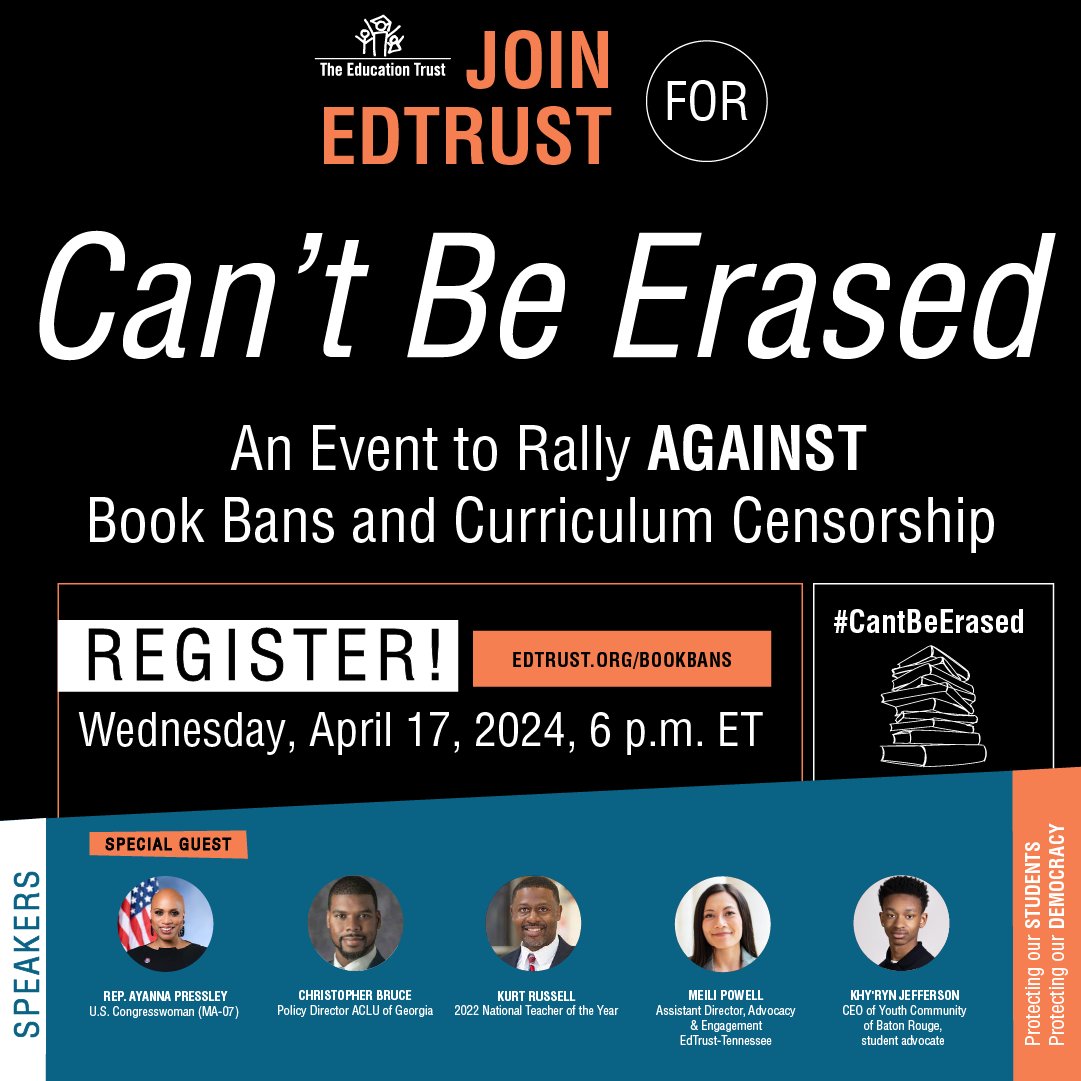 School curriculum is under attack in the U.S., but we know ALL students need to learn #HonestHistory. Register for the #CantBeErased event w/ @RepPressley, @kurtsenior_, @MsPackyetti & more to gain advocacy tools to challenge #Censorship. 04/17👇 edtru.st/CantBeErasedEv…