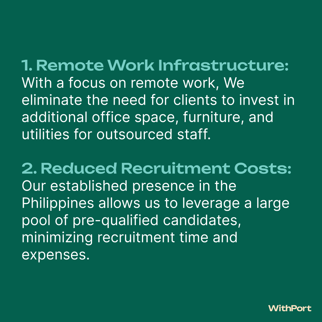 WithPortHR's tweet image. Maximize your impact and achieve more for less. WithPort&apos;s solutions deliver 6 powerful benefits for your business. ✨

#Outsourcing #CostSavings #MaximizedResults #Philippines #GlobalTalent #Efficiency #Scalability #RPO #DataDriven