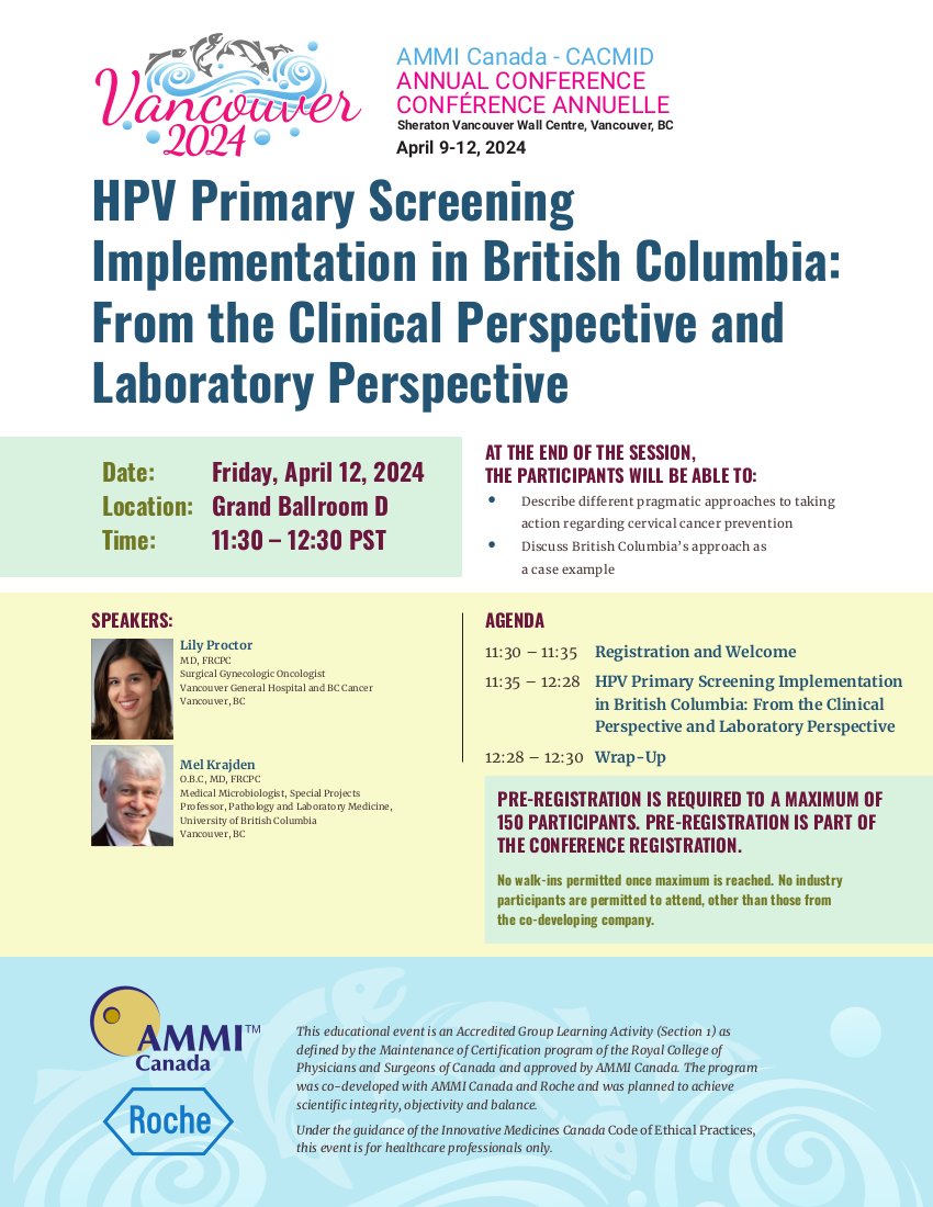 RocheCanada's tweet image. Aujourd&apos;hui à #CACMID à Vancouver, nous présentons &quot;Dépistage primaire du HPV en Colombie-Britannique : Perspective clinique et de laboratoire.&quot; Explorez des approches pragmatiques de prévention du cancer du col de l&apos;utérus et l&apos;exemple de la Colombie-Britannique (en anglais).