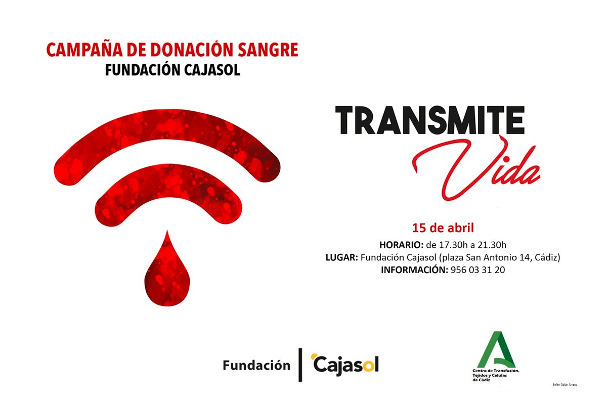 Súmate a la campaña de donación de sangre organizada por @Cajasol en colaboración con @DonaSangreCadiz 📅 Lunes 15 de abril, de 17.30 a 21.30 horas. 📌 Fundación Cajasol Cádiz (Plaza San Antonio, 14). #DonaSangre