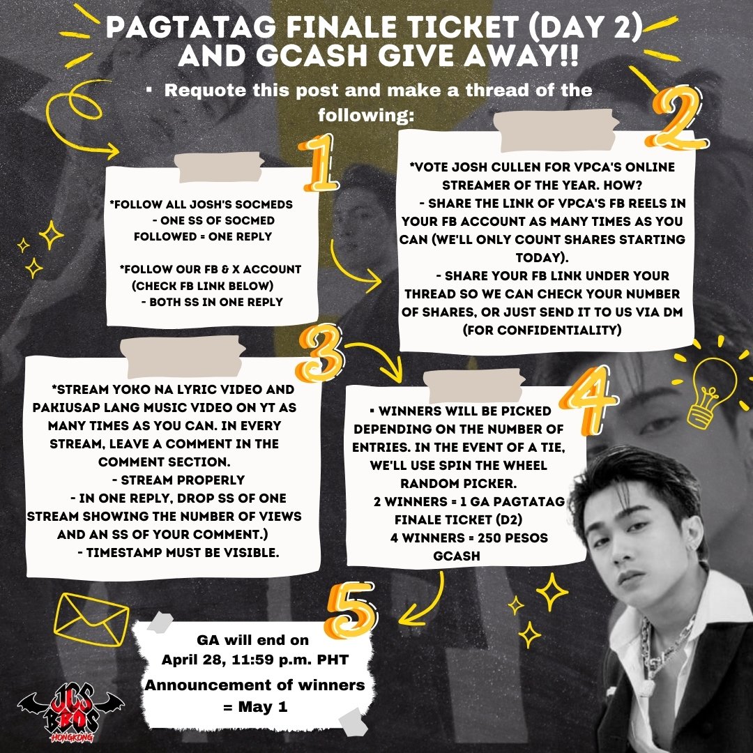 GIVEAWAY ALERT ‼️‼️

Get a chance to win cash or tickets to the Pagtatag Finale and watch the boys perform live! 

If interested, please check the mechanics below. Should you have any questions, feel free to ask. Thank you! ❤️

#JOSHCULLEN @JoshCullen_s