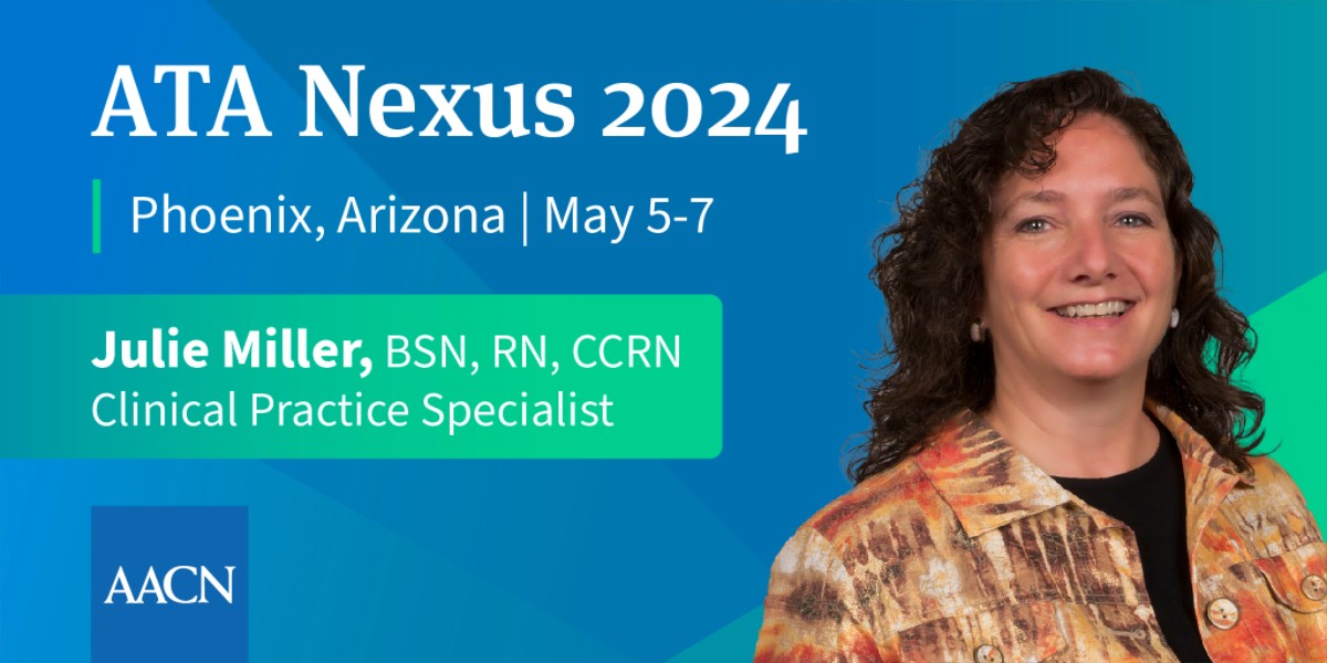 AACN's Julie Miller, BSN, RN, CCRN, is speaking at ATA Nexus Conference, Phoenix, May 5-7! Don't miss her insights on healthcare innovation: bit.ly/49lH71B 🎤✨ #ATANexus #AACN #HealthcareInnovation