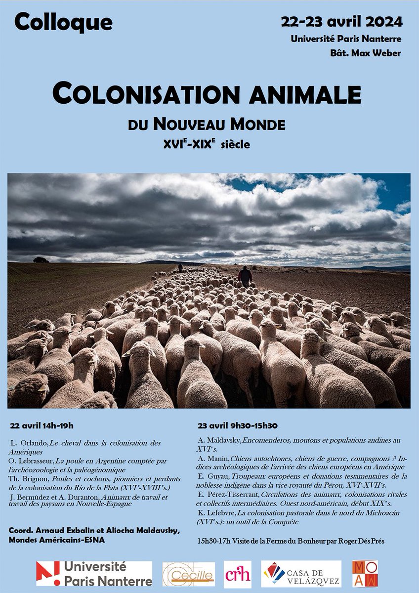 Colloque : La colonisation animale du Nouveau Monde : géohistoire et histoire environnementale (XVIe-début XIXe), 22-23 avril 2024 à @UParisNanterre En savoir plus : mondes-americains.ehess.fr/index.php?4167 🐴🐄🐑🐐🐕 @CECILLE_ULille @CRH_ehess @casadevelazquez