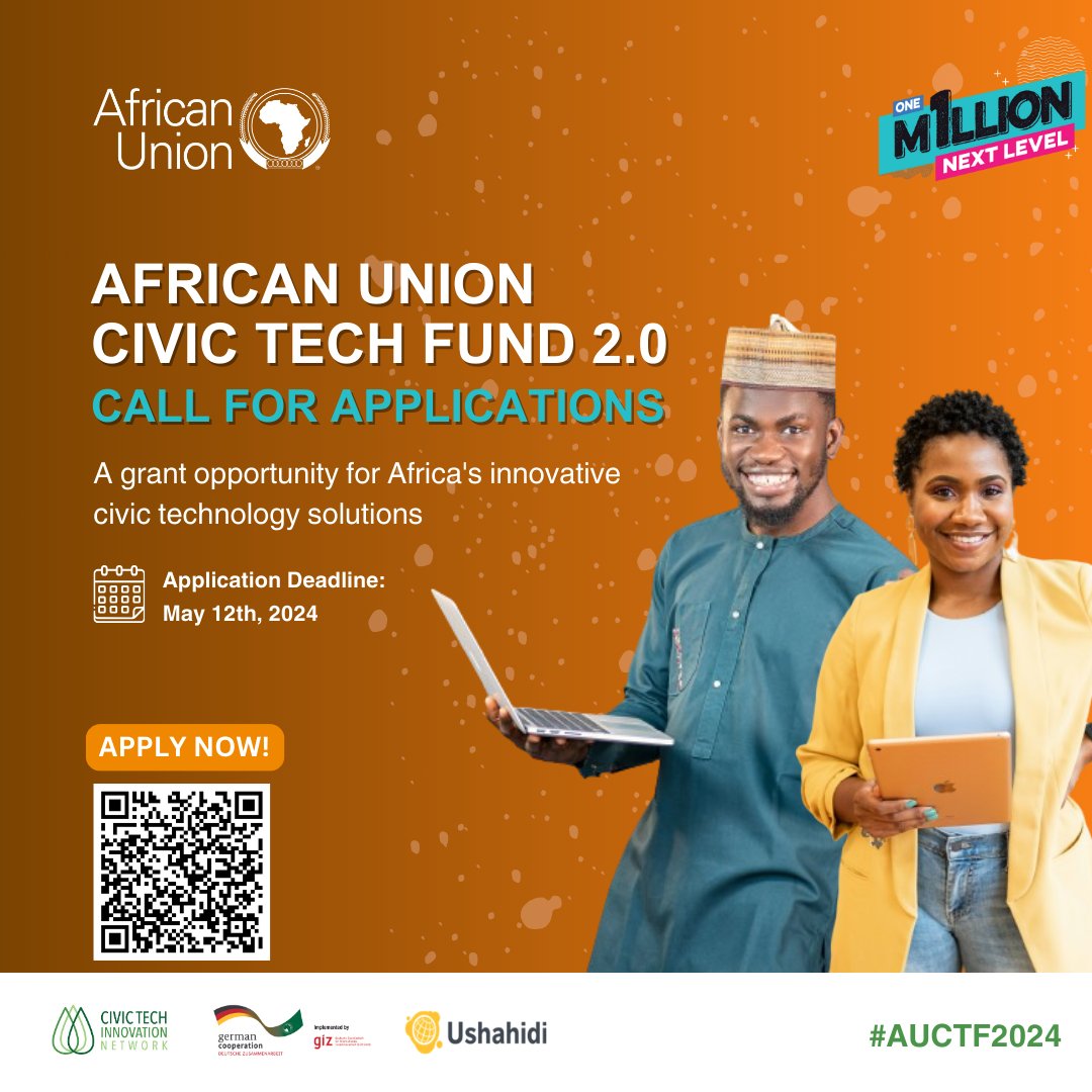 Is your organization committed to leveraging digital technology for civic engagement, transparency, and community-driven development? If yes, apply to be one of the grantees of the second edition of the AU Civic Tech Fund! 🔗: t.ly/veSUO Deadline: May 12, 2024