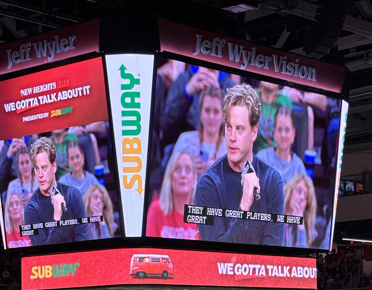 The @newheightshow live taping at Fifth Third Arena with Jason Kelce and Travis Kelce. The guys talked with Des Ridder, Orlando Brown Jr, and Joe Burrow. The Kelce family also came out to support: