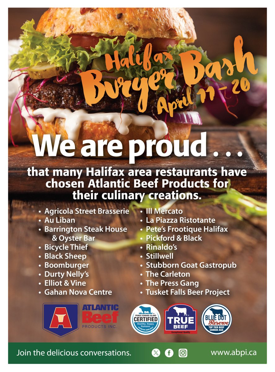 We're glad that so many #Halifax area restaurants have chosen @AtlanticBeef again to create their delicious #burgers as part of this year's @hfxburgerbash This year's bash takes place from April 11 - 20 with a donation made to @feednovascotia from every burger sold!