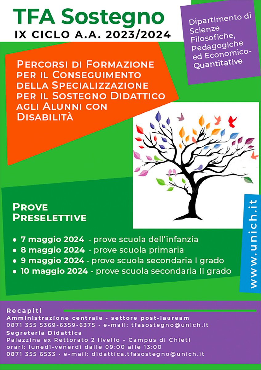 È stato attivato l'IX ciclo (A.A. 2023-2024) dei corsi di specializzazione per l'attività di sostegno didattico agli alunni con disabilità. Alla d’Annunzio sono stati attribuiti n.260 posti, Informazioni dettagliate e documenti: unich.it/didattica/post…