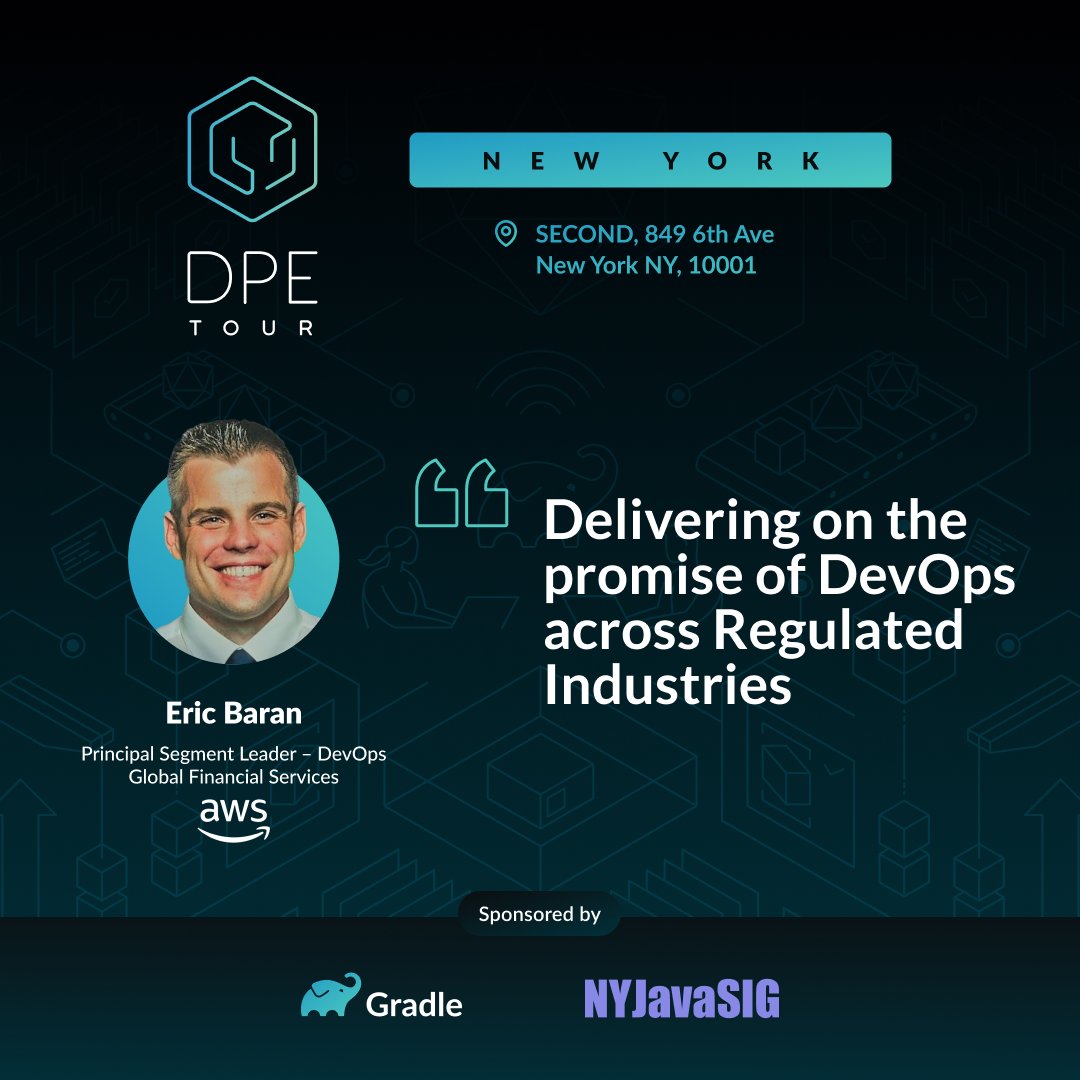 🗽 In NYC Apr-17? See Eric Baran from @AWS present: 'Delivering on the Promise of #DevOps Across Regulated Industries' Co-sponsored w/ @nyjavasig, our #DPETour NYC features a host of #DevProd experts. Register for FREE for talks & a happy hour 👇 dpe.org/dpe-new-york-t…