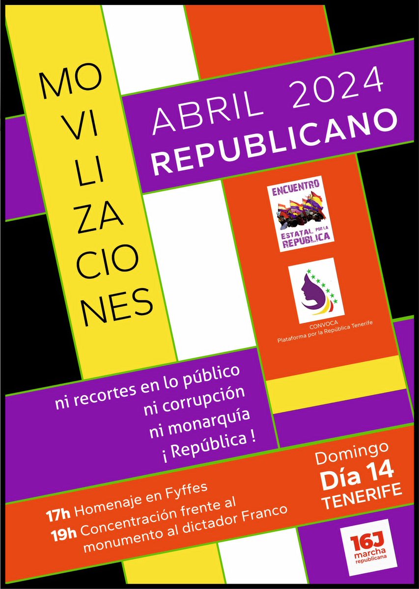 📣VIVA LA REPÚBLICA📣 El 14 de abril tenemos dos citas, en las que no podemos faltar, a las 17:00 homenaje en Fyffes y a las 19:00 Concentración en santa Cruz de Tenerife #Republica #IUC