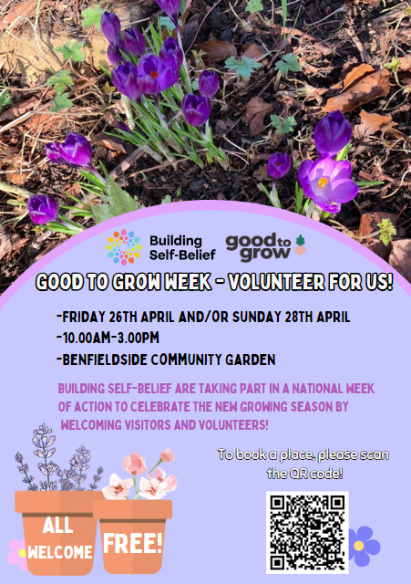 Come volunteer with us at Benfieldside Community Garden during @UKGoodtoGrow week! We will be in the Garden Friday 26th April & Sunday 28th April 10am-3pm. We are welcoming volunteers and visitors to help with jobs around the garden. Please use the QR code to book💐 @UKSustain