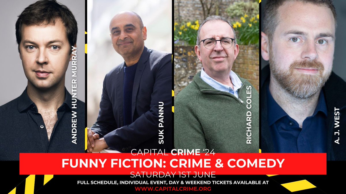 📣 Festival highlights 🚨 Funny Fiction: Crime And Comedy (a match made in heaven!). Featuring Suk Pannu, Andrew Hunter Murray and Rev Richard Coles with moderator A. J. West. Individual event, day or weekend passes available now at capitalcrime.org/shop #crimefiction