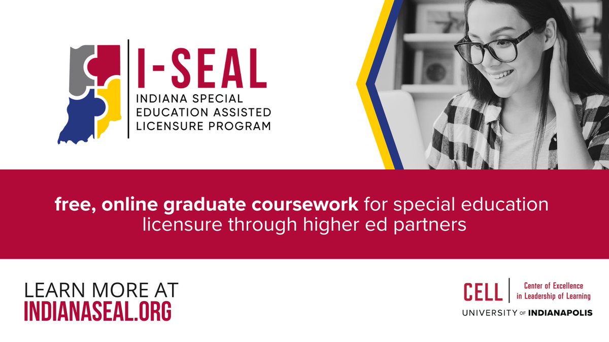 CELLuindy's tweet photo. CELLβs I-SEAL initiative partners with higher education institutions to offer free graduate courses for individuals to add or attain a #specialeducation license. View participating programs at https://t.co/fSxOv3RR2N
#spedchat #IndianaSEAL @EducateIN https://t.co/cETuKkXsHW