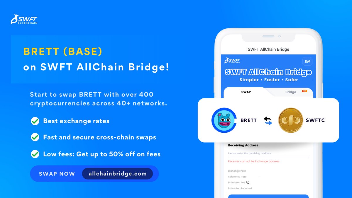 🚨 New Listing 🚨 We are excited to announce that $BRETT from @BasedBrett is listed on SWFT AllChain Bridge! Start swapping or bridging $BRETT with over 400 #crypto assets across multiple chains and experience faster transaction speeds, low fees, and a user-friendly interface!…