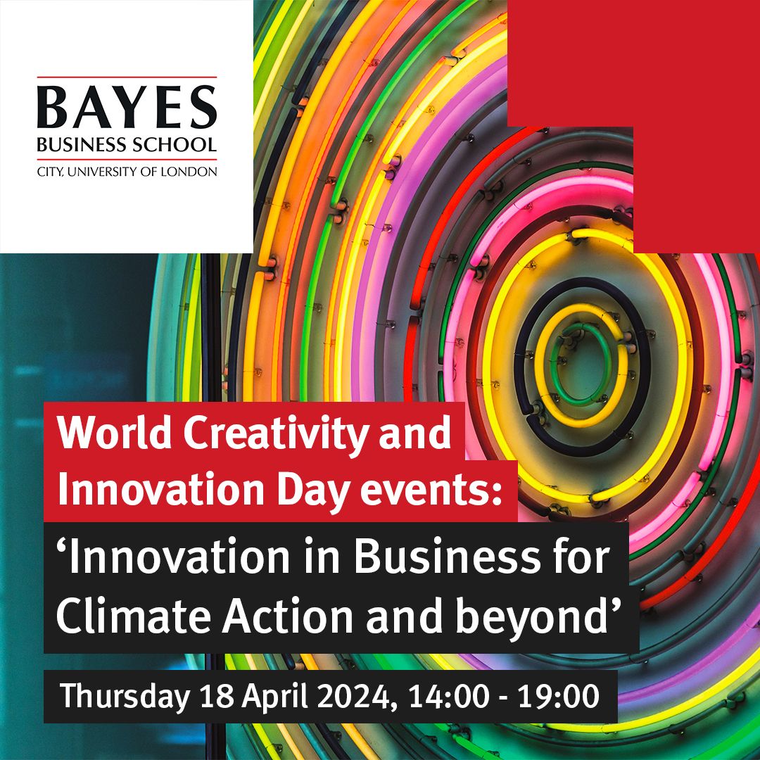 Enjoy an amazing line-up of workshops and speakers to mark World Creativity and Innovation Day, on 18th April 2024 (14:00 – 19:00 (BST) at Bayes Business School). Sign up here: city.ac.uk/news-and-event… View the full programme: city.ac.uk/news-and-event…