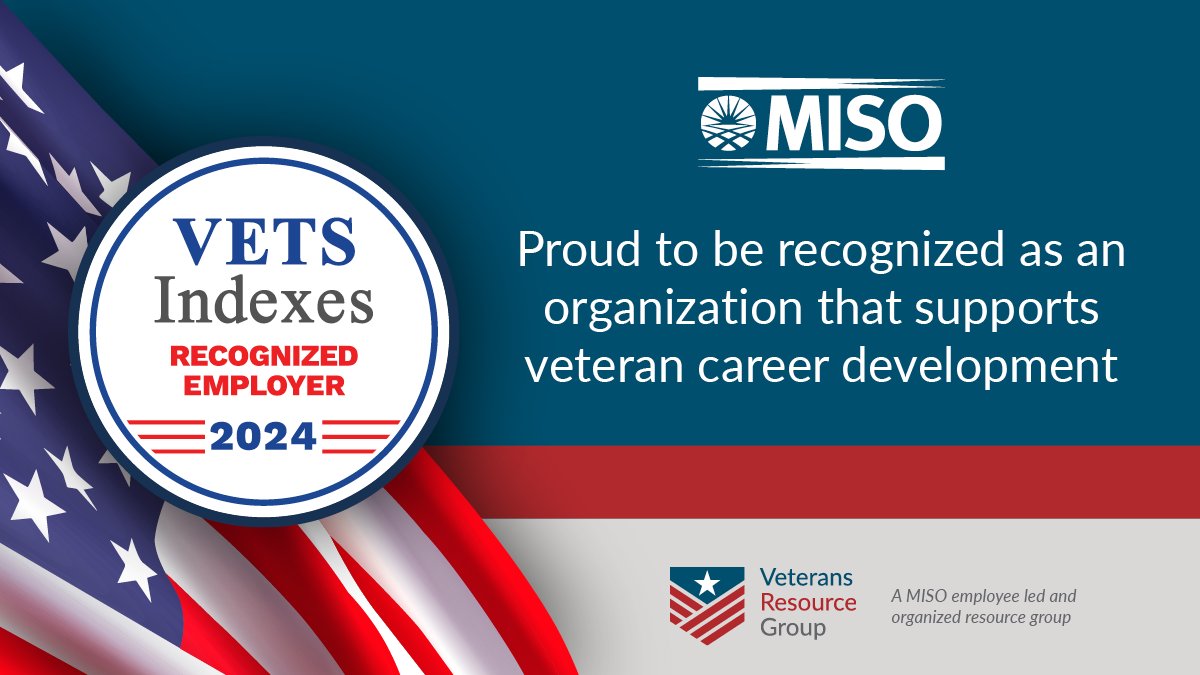 We're proud to be recognized by the 2024 VETS Indexes Employer Awards. Learn about our commitment to to recruiting, hiring, retaining, developing and supporting veterans and the military-connected community on our website: ow.ly/wZP950ReXcP #WeAreMISO #LifeAtMISO