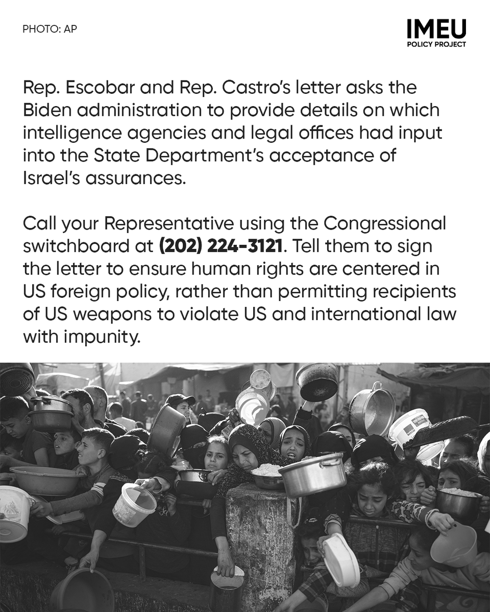 Despite overwhelming evidence that Israel is blocking aid and using US weapons to violate international law, last month @StateDept claimed otherwise. @RepEscobar & @JoaquinCastrotx are demanding answers. Call 202-224-3121 NOW to ask your Representative to sign their letter.