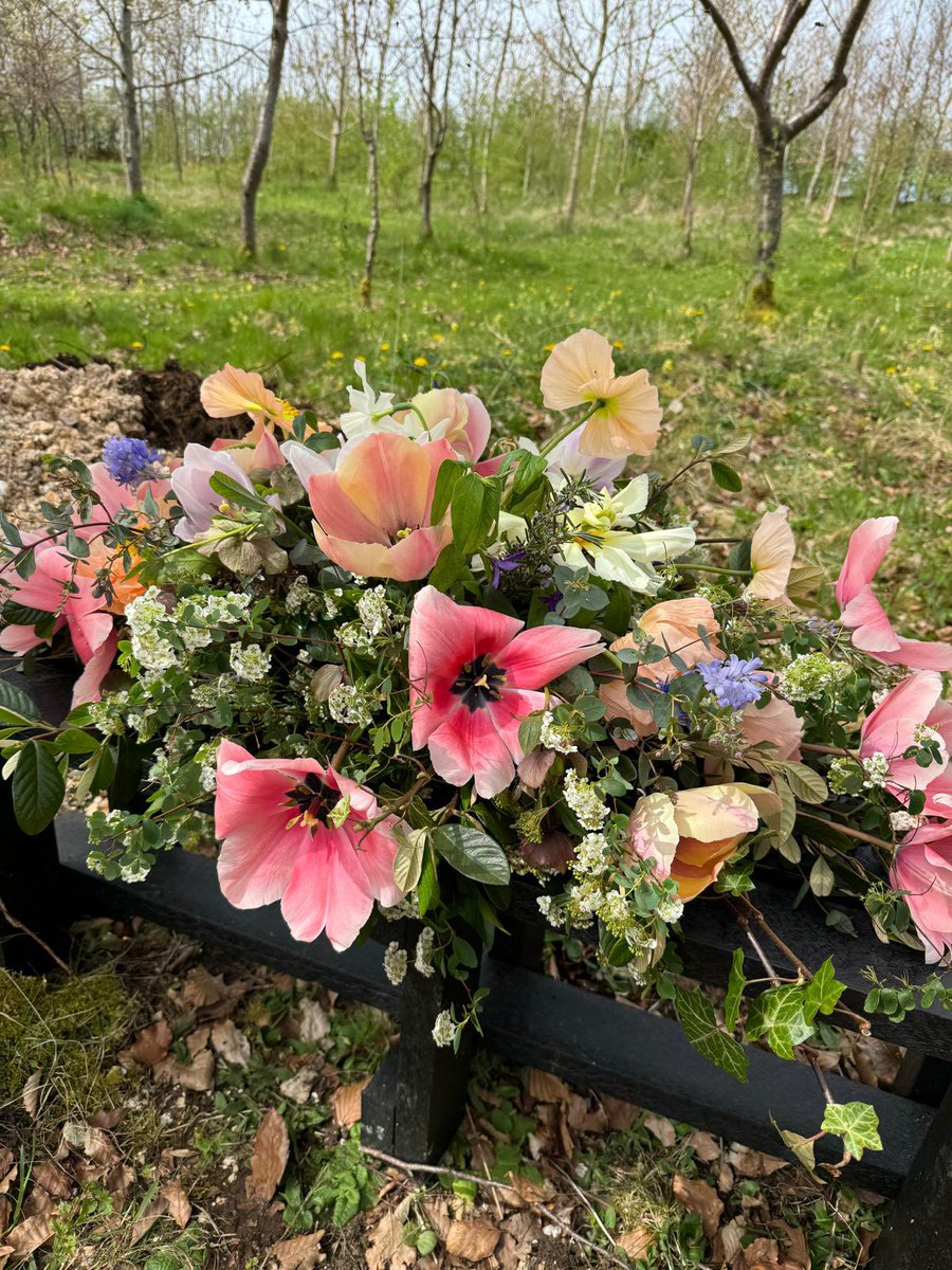 Seasonal, sustainable, floral foam free and locally grown #farewellflowers in Sheepdrove’s natural burial wood grown and arranged by our resident #flowerfarm Skylark Flower Co