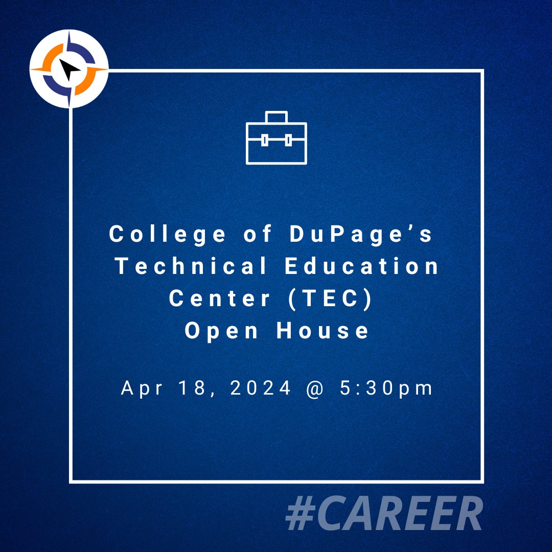 On Thu. 4/18 @ 5:30p, @CollegeDuPage is hosting a TEC Spotlight Open House. Students can visit the labs, speak with program chairs and faculty, and ask about career paths, certifications, degree, and transfer options. For more info & to register: cod.edu/calendar/#even…