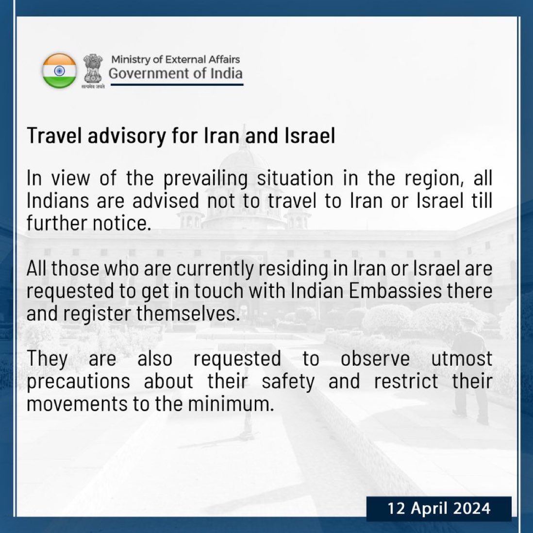#US officials warns of #Iranian attack on #Israel! External Affairs Ministry issues travel advisory asking #Indians not to travel to #Iran or #Israel in view of prevailing situation in the region.