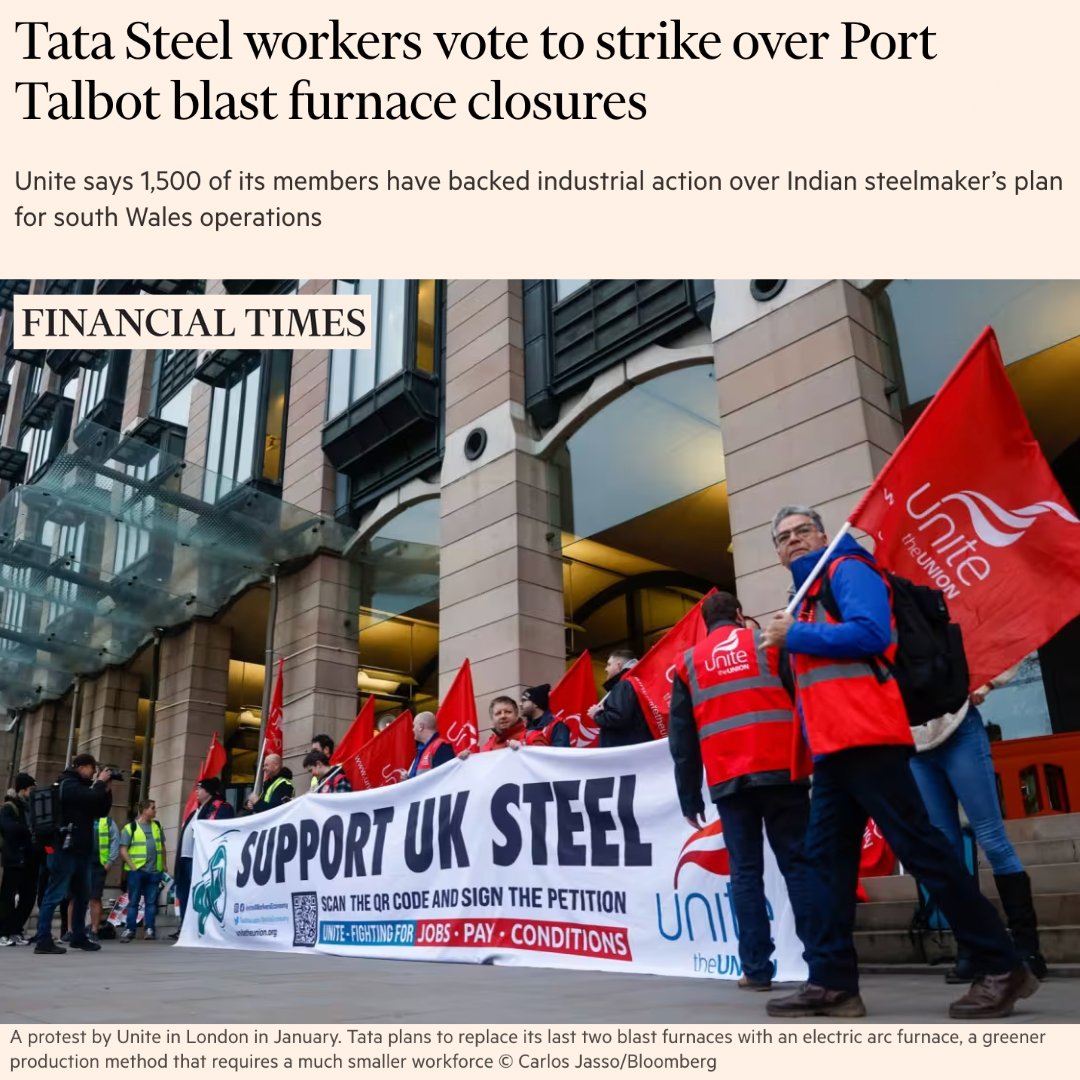 .@unitetheunion will be at the forefront of the fight to save steelmaking in #Wales. In the crucial weeks to come, @TataSteelUK workers and Unite will put up picket lines to prevent the company from taking this disastrous path. #UKSteel ➡️ ft.com/content/832dfd…