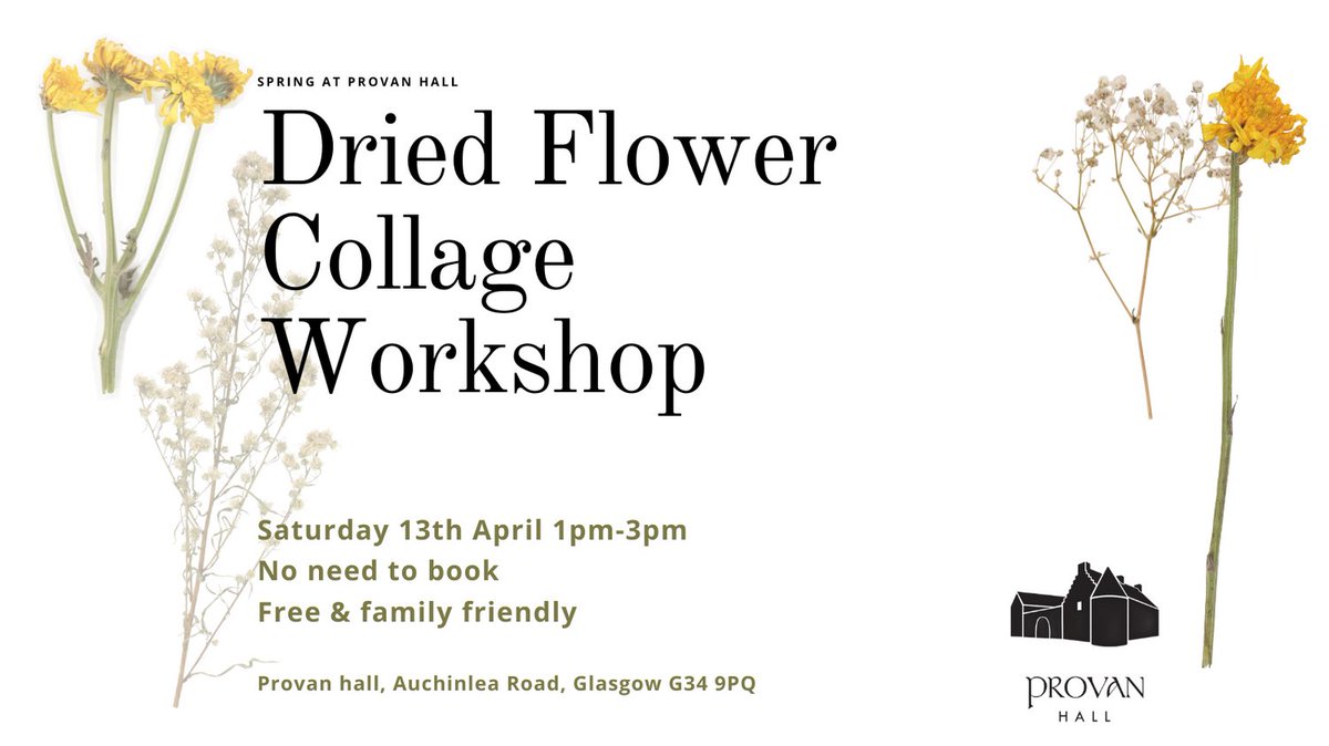 ProvanHall's tweet photo. If you feel like getting creative this last weekend of the Easter holidays, join our dried flower collage workshop tomorrow. Free and family friendly.
#provanhall #easterhouse #glasgow #familyfriendly #floral #floralworkshop https://t.co/w3wdyUvmyU