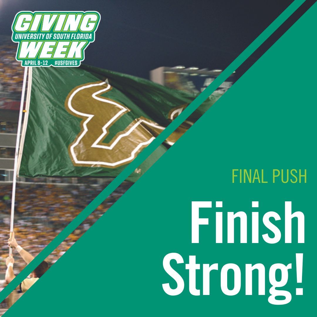 ⏰ It’s the final day of #USFGivingWeek! Don’t miss out on the opportunity to support scholarships, programs and student success. Let’s finish strong, #Bulls! Visit buff.ly/3vzUYmJ to make your impact 🤘