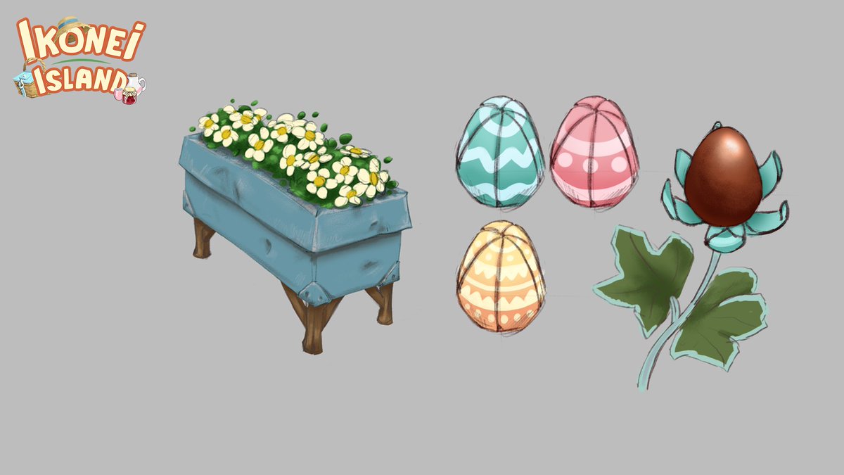 Our last #BehindTheScenes of this event! Take a peek at the vibrant concept art for the growable plants; the Coco-Cloudberry blossom, where the magic of chocolate eggs intertwines with the beauty of spring blooms! 🌸#ConceptArt #IkoneiIsland #FarmingSim