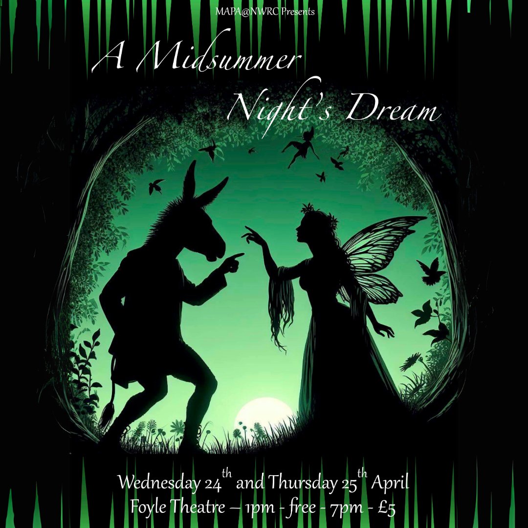 Our students invite you to enjoy their production of A Midsummer Night’s Dream on April 24 & 25. There will be two performances each day – 1pm & 7pm. Matinee shows are free, evening show tickets cost £5 & can be booked here: shorturl.at/gtvAE *Suitable for all ages.