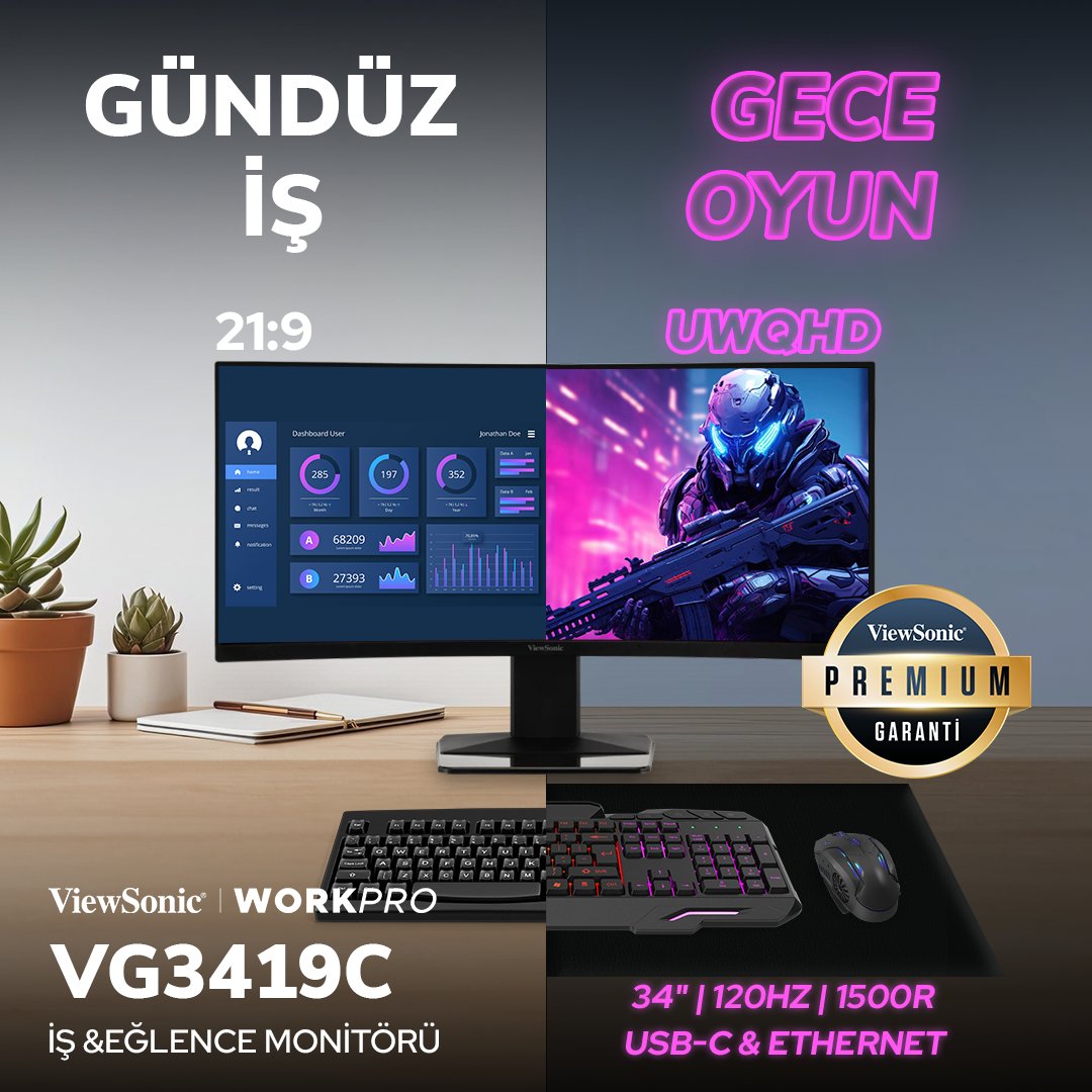 Gündüz işini en iyi şekilde yap, gece oyunlarda rakiplerine fark at! Ergonomik yapısı, 21:9 kavisli geniş ekranı ve 120Hz yenileme hızıyla ViewSonic VG3419C her iki dünyanın da en iyisini yaşamanı sağlayacak. #VG3419C #ViewSonic #CurvedMonitor #GamingMonitor