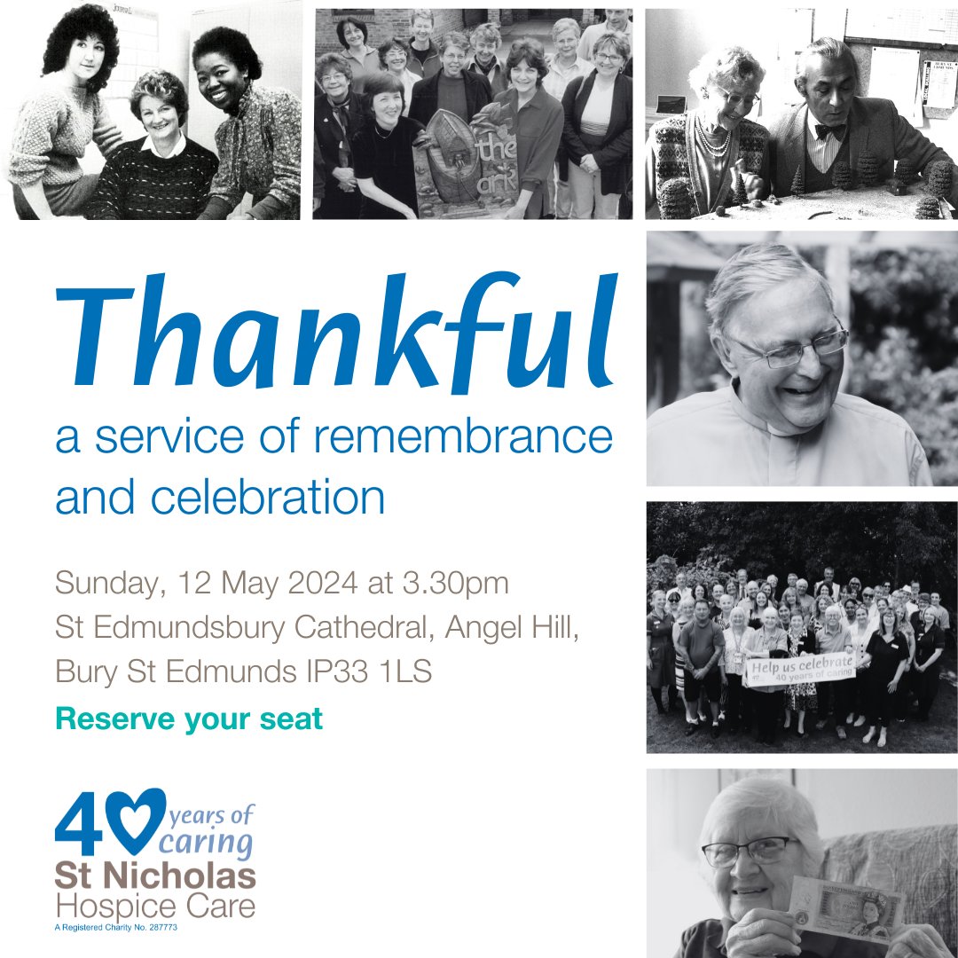 On May 12, join us at St Edmundsbury Cathedral for Thankful: a Service of Remembrance and Celebration, where we will express gratitude for 40 years of compassion, remember those touched by our care, and celebrate the community behind our legacy: ow.ly/pnfL50QS3cI.