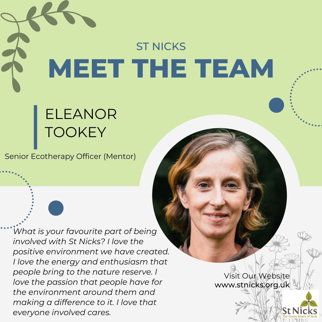 Meet the team; this week it's Eleanor! Eleanor is part of our Nature Based Wellbeing team, this is the team that looks after our Ecotherapy Groups providing one to one mentoring, peer support and helping everyone (including the staff!) remember to take time to connect to nature.