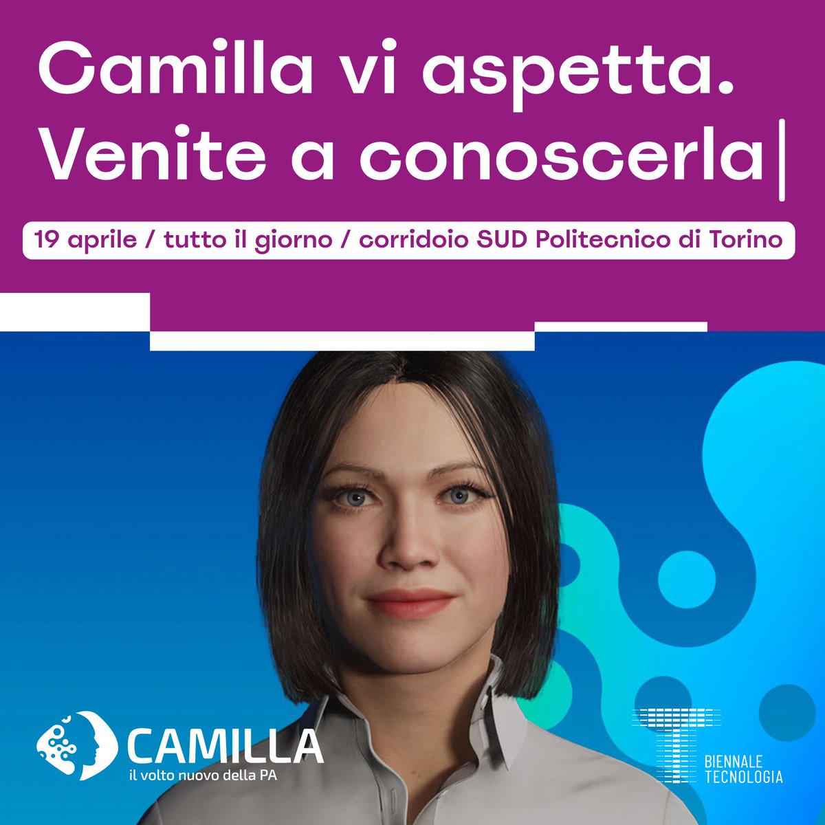 csipiemonte's tweet image. Ospite d&apos;eccezione, Camilla sarà a @BiennaleTech il 19 aprile!
1️⃣ una postazione dedicata, dove sarà possibile interagire con l&apos;avatar sul programma della giornata 
2️⃣alle 15.30 l&apos;incontro &quot;Ciao, Sono Camilla! ▶️ bit.ly/3TvZWsM
#nuovocsi #yourdigitalpartner #BiennaleTech