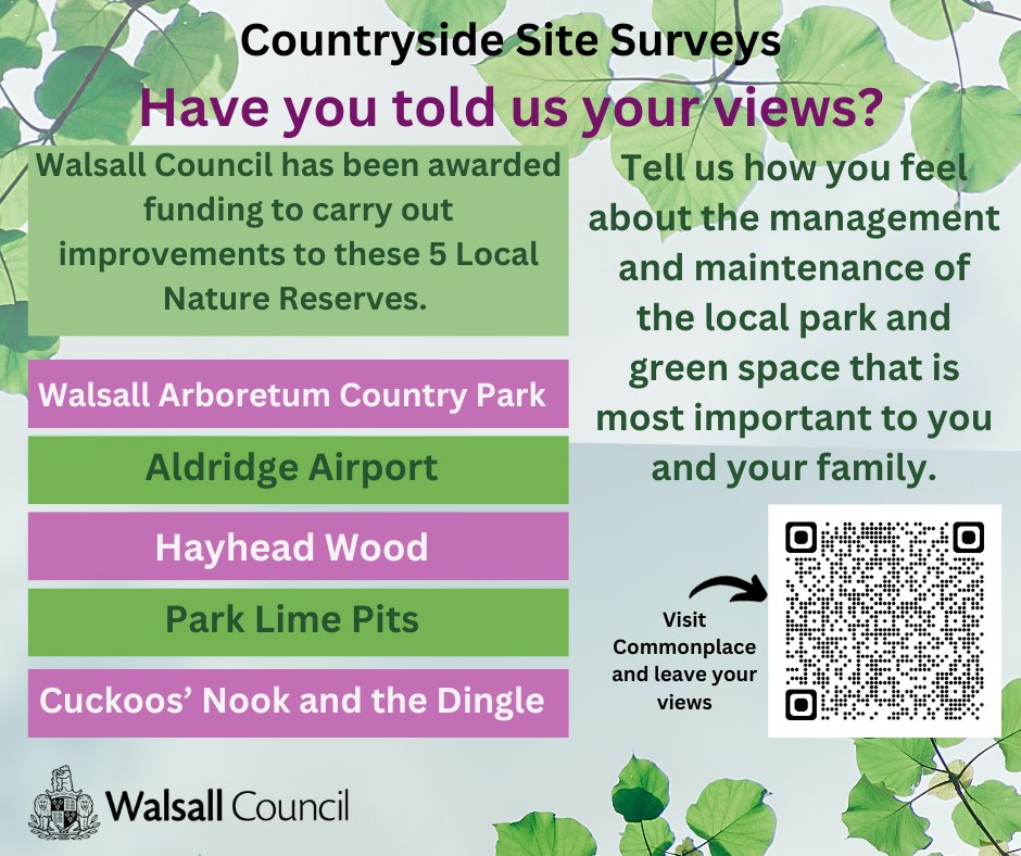 🌳🍃🦋We need your views on 5 Walsall Local Nature Reserves!
Tell us how you feel they are managed by taking this survey: tinyurl.com/hr8nr23b 
🤩Share your experiences with us today! #Walsall #NatureRecovery