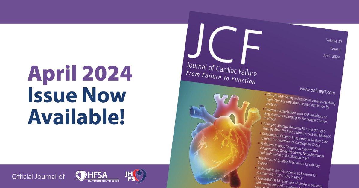 The April issue of @JCardFail is available now! ▶️ State of the Art Review: The Future of Durable Mechanical Circulatory Support ▶️ Changing Strategies Between BTT & DT LVAD Therapy ▶️ Malnutrition & Sarcopenia as Reasons for Caution with GLP Read more: onlinejcf.com/current#