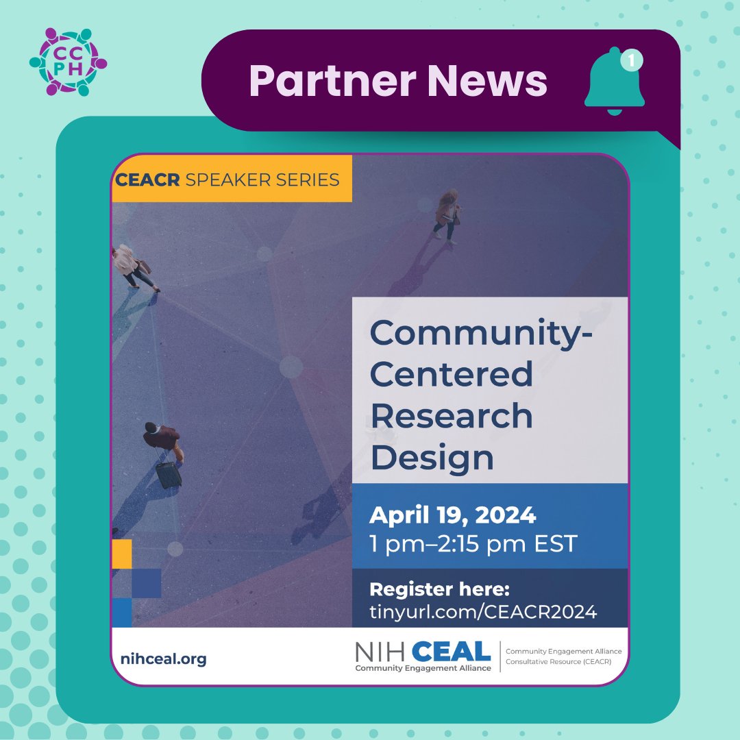 Partner News! CEACR Speaker Series: Community-Centered Research Design 🗓️ Friday, April 19, 1:00 PM - 2:15 PM EST Register here: tinyurl.com/ceacr2024 Hosted in partnership with @PittCTSI to support the @NIHCEAL.